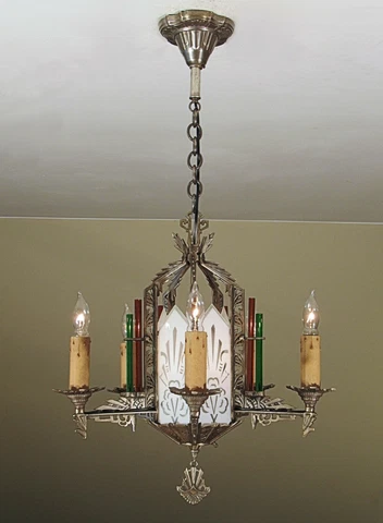 SPECTACULAR! Antique c.1930 Starburst Slip Shade 6 Light Fixture Restored Cover