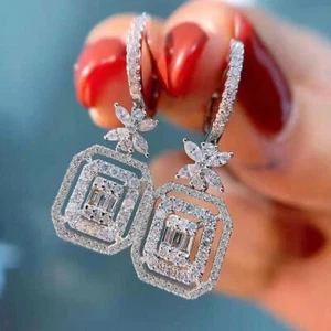 Lab Created Diamond Dazzling Female Dangle Earrings 14K White Gold Over - Picture 1 of 8