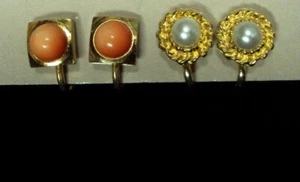 Vtg Estate Jewelry ~ Lot/2 Pair Petite Clip On Earrings ~ ORANGE / FAUX PEARL - Picture 1 of 8