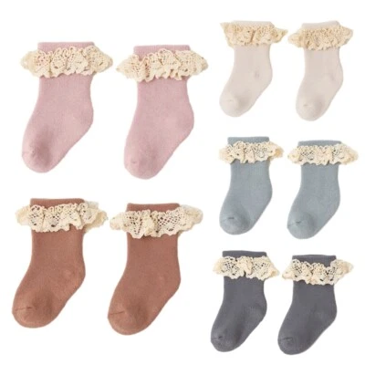 Autumn Winter Newborn Baby Socks Soft Cotton Anti-skid Terry Thicken Lace Socks - Image 1 of 4