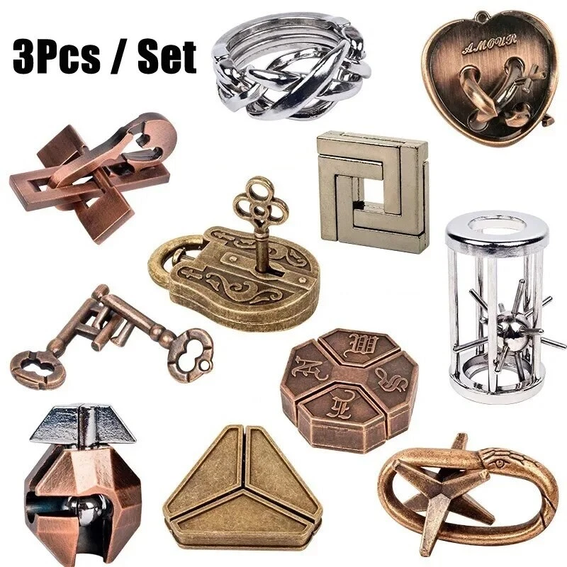 3Pcs Set Metal Puzzle Solution Unlock Toy Brain Teaser IQ Challenge Games For Ki - Image 1 of 4
