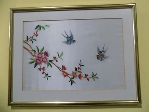Vintage Birds near the tree Flowers Hand Sewn Silk Pictures golden Framed Art  - Picture 1 of 10