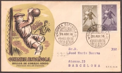 F-EX45790 GUINEA EQUATORIAL 1956 REG FDC AIR MAIL 10ptas SOCCER FOOTBALL. - Image 1 of 2