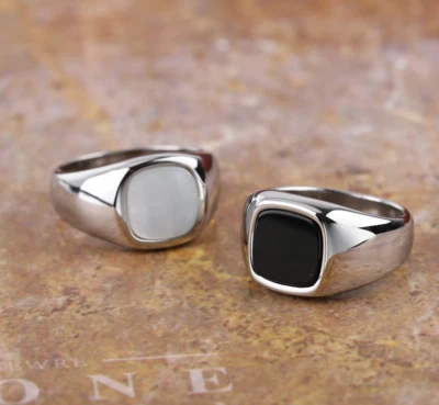 Anillo de sello pulido de acero inoxidable 316L unisex de calidad (negro, marfil) Foto 1 de 4