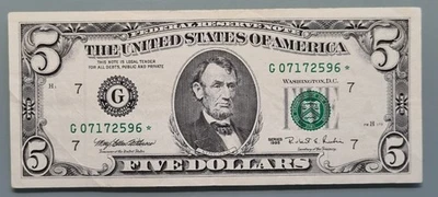 1995 Five Dollar Federal Reserve Note $5 STAR NOTE Circulated #96459 - Image 1 of 2