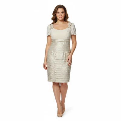 Vestido de cóctel formal con volantes y cuentas doradas metálicas Adrianna Papell talla 12 Foto 1 de 4