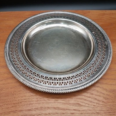 Cuenco poco profundo vintage plateado de 10" borde perforado cuerda borde redondo para servir Foto 1 de 4