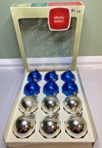 Full Box (12) Shiny Brite 2 1/4" Glass Christmas Ornaments Silver & Blue Org Box - Picture 1 of 12