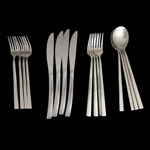 16 Pc SUS 304 Stainless Flatware Set Modern Brushed Satin Forks Knives Spoons - Picture 1 of 7
