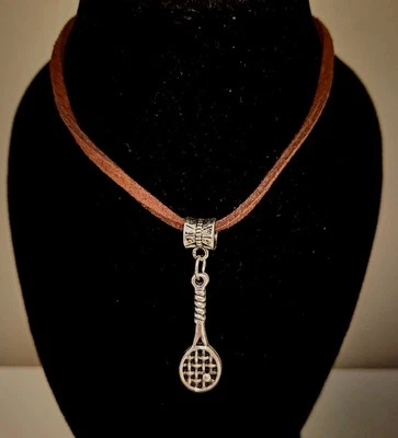 3D Tennis Racket & Ball Pendant Charm  & Brown Leather Thong Necklace, NEW - Image 1 of 4