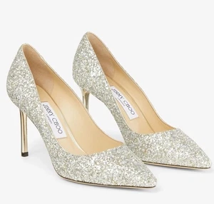 AUTH NIB Jimmy Choo Romy 85 Champagne Coarse Glitter Pointy Toe Pumps Sz 38.5 - Picture 1 of 11