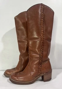 Frye Sabrina Campus Braided Vintage Riding Heeled Tall Boot Brown Leather Sz 6.5 - Picture 1 of 8