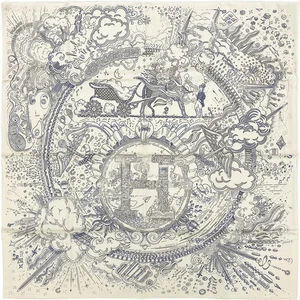 HERMES PLEASE HOLD THE LINE 90 SCARF SILK WHITE AND BLUE 90 CM BRAND NEW - Picture 1 of 6