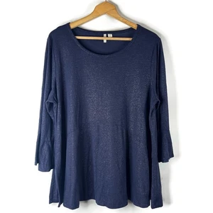 CATO Womens Tunic Top Size 3X Navy Blue Shimmer Round Neck 3/4 Bell Sleeve - Picture 1 of 11