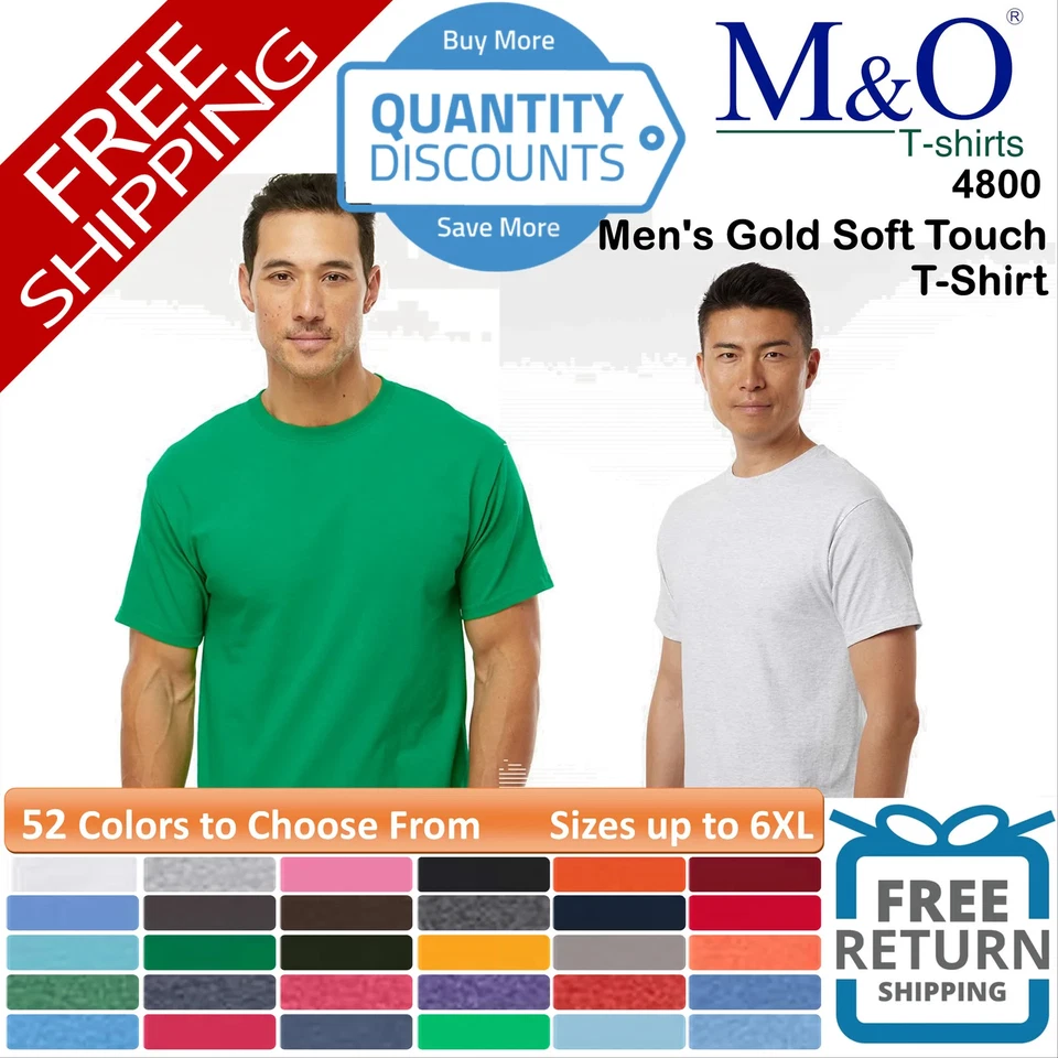 🔥 M&O Mens Soft Touch T-shirt Preshrunk Jersey Short Sleeve Up To 6XL 4800 b - Image 1 of 1