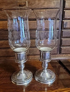 Pair International Sterling Prelude Candlesticks Hurricane Lamps Etched Glass - Picture 1 of 18