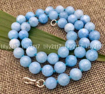 Collares redondos con gemas de aguamarina brasileña azul natural de 8 mm broche de plata 18" AAA Foto 1 de 3