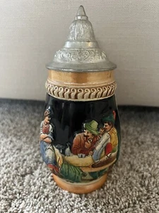 Vintage German Style Keramik Bierstein mit Zinndeckel - Bild 1 von 10