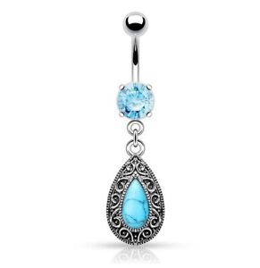 Vintage Turquoise Stone Centered  CZ Tear Drop Dangle Belly Button Ring Piercing