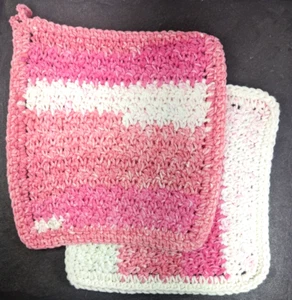 Two (2) Piece Set Handmade Crochet Potholders Multicolor Variegated White / Pink - Picture 1 of 11