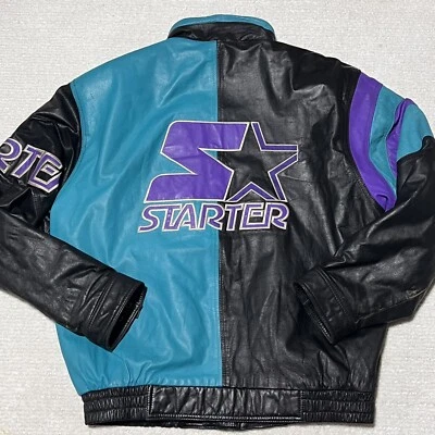 Chaqueta de cuero genuino XL vintage años 80 90 Starter S2 bloque de color deletreado logotipo Foto 1 de 4