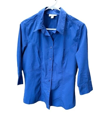 Camisa feminina Fashion Bug azul tamanho médio mangas 3/4 botão para cima, seminova - Imagem 1 de 4