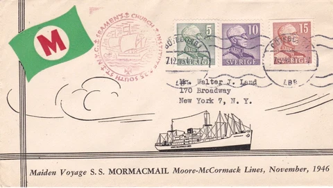 SWEDEN : S.S. MORMACMAIL MAIDEN VOYAGE COVER & LEAFLET, MOORE-McCORMACK (1946) Cover