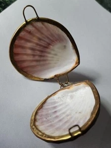 Shell Locket Pendant-Unique Storage-Edging Gold Metal Color-Handmade-Hinge/Clasp - Picture 1 of 9