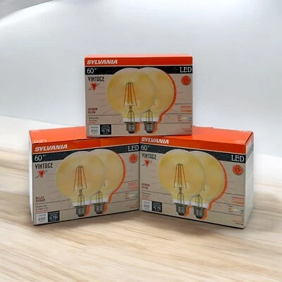 6 Bulb Lot Sylvania 60W Vintage Amber Glow LED Bulb 650 Lumens E26 G30 6.5W=60W - Image 1 of 4