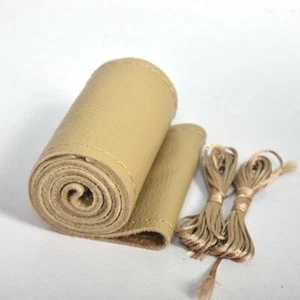 Car Leather Steering Wheel Cover Anti-Slip Needle Thread Beige DIY Set - Picture 1 of 8