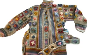 Granny Square Cardigan, Crochet Belted Crochet Sweater Colorful - Picture 1 of 8