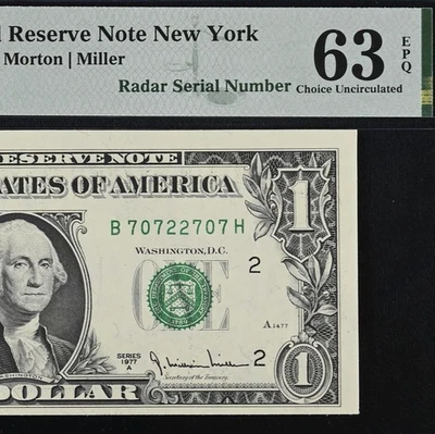 1977A $1 Federal Reserve Note PMG 63EPQ - Fancy Radar Serial Number 70722707 - Image 1 of 3