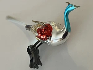 Vintage Glass Clip-On Ornament Crowned Peacock Spun Tail West Germany As is - Picture 1 of 6