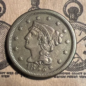 1855  Large Cent Penny High Grade Large Cent Braided Hair - Picture 1 of 10