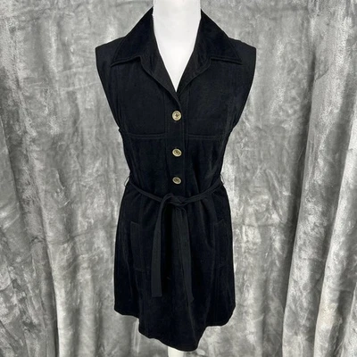 Vestido Suedara Vintage Negro Sin Mangas Cinturón Cuello Gamuza Sensación Botón Delantero Foto 1 de 4