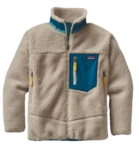 Kid Patagonia Deep Pile Jacket Retro Oatmeal Fleece Zip Coat Youth Large/12 - Picture 1 of 7