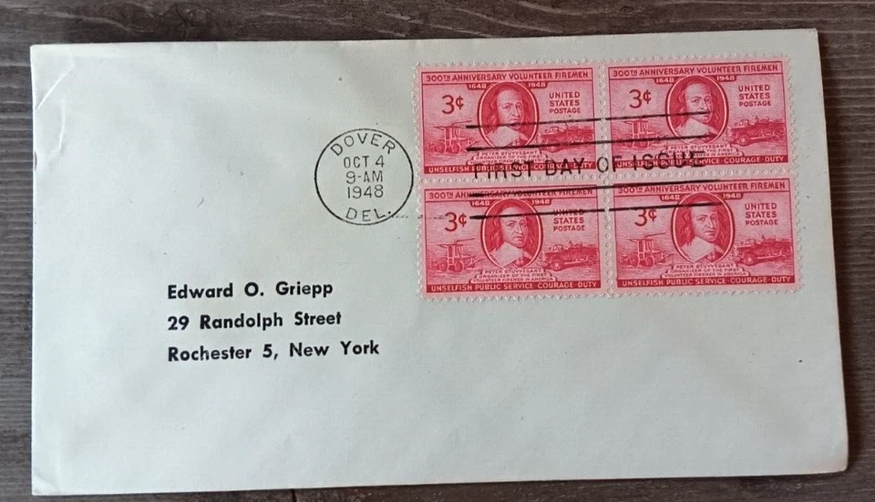 VOLUNTEER FIREMEN  PETER STUYVESANT  1948 STAMP  BLOCK NO CACHET FDC - Image 1 of 1