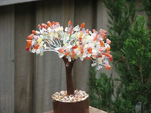 Large Mixed Crystal Bonsai Gemstone Tree On Wooden Base Trunk Carnelian Amethyst - Picture 1 of 4