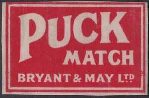 Safety Matches Matchbox Label -  Puck Match, Bryant & May Ltd - Picture 1 of 1