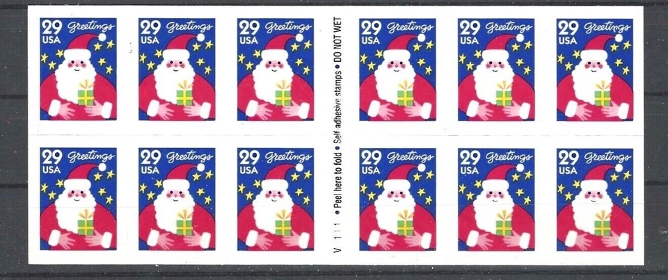 US,Scott #2873a 29¢ Christmas - Santa Claus Booklet Pane of 12 MNH  Plate# V1111 - Image 1 of 1