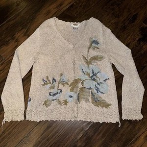 Talbots Silk Blend Cream & Blue Floral Knit Long Sleeve Button Cardigan Size L - Picture 1 of 7