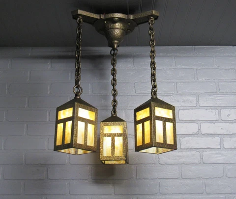 1920's Antique Arts & Crafts Mission Ceiling Light Chandelier 22" Long Restored Cover