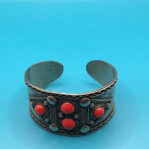 Boho Western Chic Red Cabochon Resin Open Cuff Bangle Adjustable Silver Tone - Picture 1 of 7