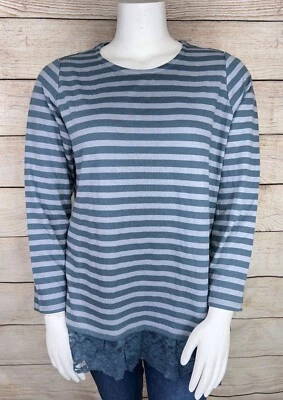 LOGO女式1X蓝色条纹长袖束腰T恤蕾丝装饰口袋二手状况完好 — 第 1/3 张图片