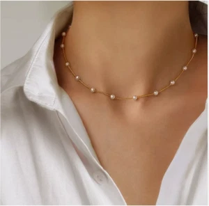 Damen Halskette Perlenkette Gold Feine Kette Kettchen Geschenk für Frauen 43 cm - Bild 1 von 3