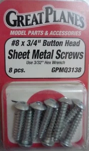 Great Planes 8 x 3/4" Button Head Sheet Metal Screws 8 pcs GPMQ3138 - Picture 1 of 3