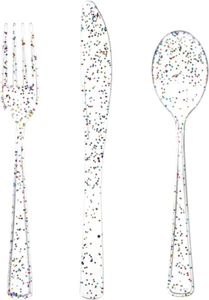 360Pcs Clear Plastic Silverware Glitter Disposable Cutlery Forks Knives Spoons - Picture 1 of 12