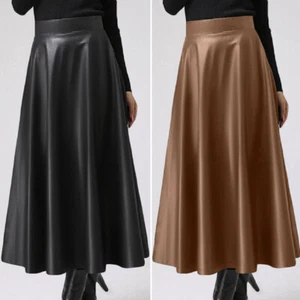 UK 8-24 Women Warm Fuax Leather Long s Wet Look Swing Skater Dress - Picture 1 of 15
