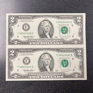 1995 FRN $2 Uncut Sheet Of 2 - Uncirculated - Picture 1 of 2