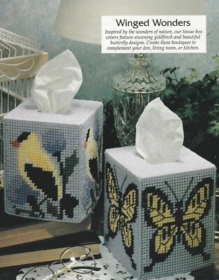 Butterfly & Goldfinch Bird Tissue Box Cover - Plastic Canvas Pattern ONLY - Image 1 of 2